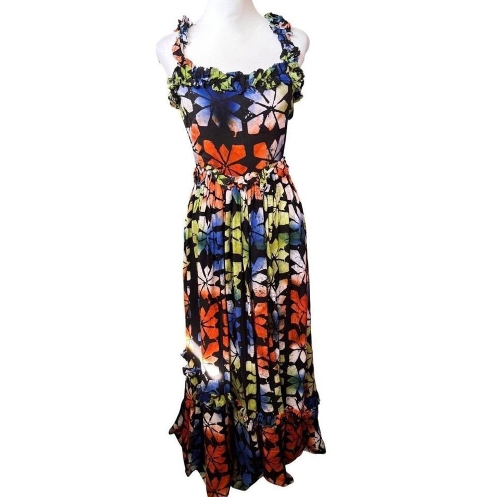 Busayo Aje Mixed Print Maxi Dress Ruffles Tie Straps Tropical Resortwear Size S
